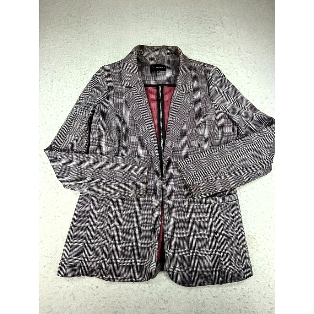 Renuar Blazer Jacket Women 38 Black Burgundy Glen Plaid Open Front Career Formal